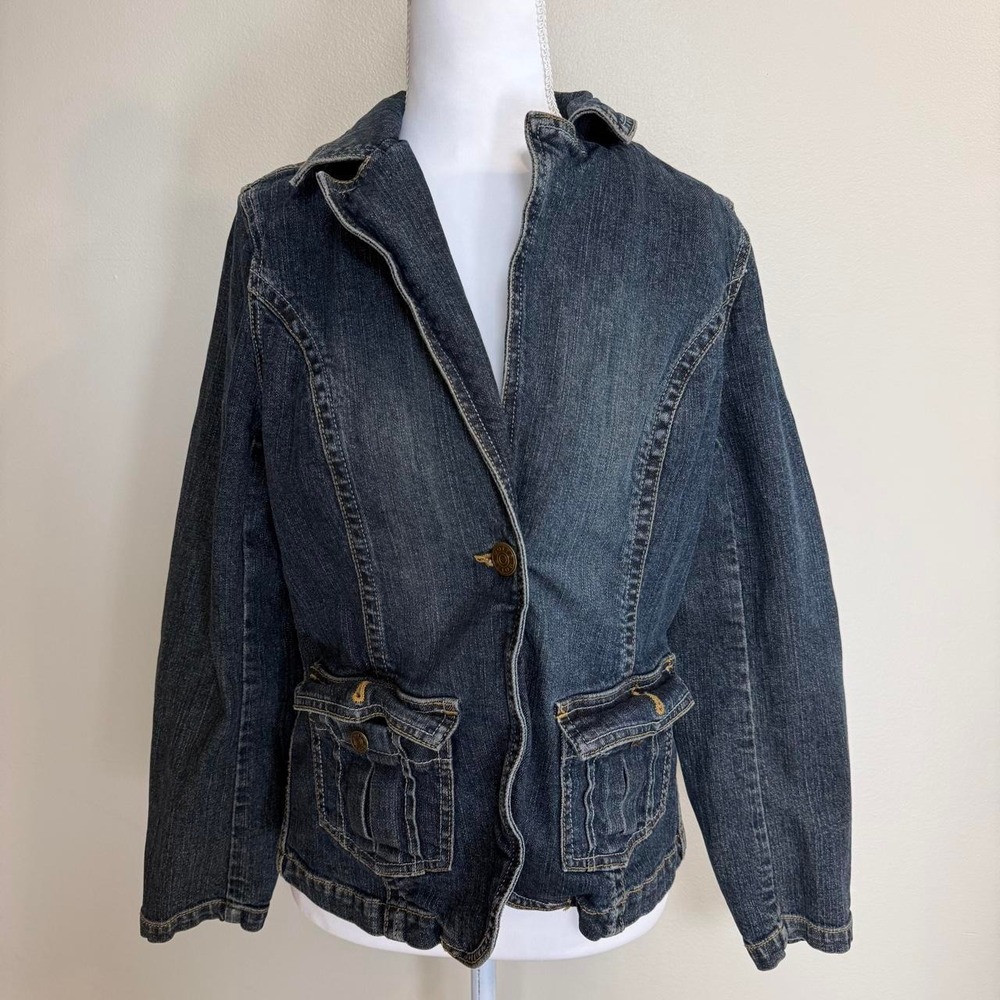 Motto Dark Wash Denim Blazer Jacket Elbow Patches Womens XS Y2k Indie Sleaze